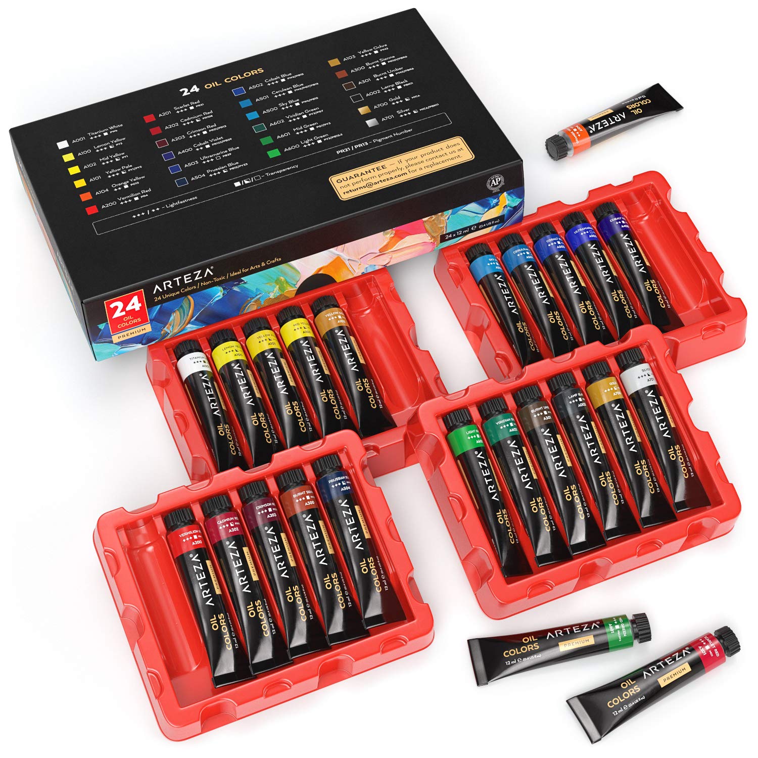 ARTEZA Oil Paint, Set of 24 Colors/Tubes (24x12ml/0.4oz) with Storage Box, Rich Pigments, Vibrant, Non Toxic Paints
